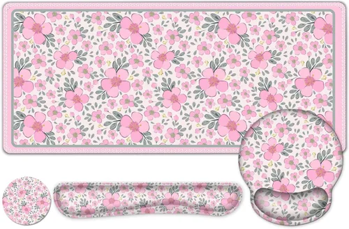Vista 12 de Alfombrilla de mouse con estética natural de flores, XXL gran alfombrilla de escritorio extendida para la lectura, 4 piezas de base de goma