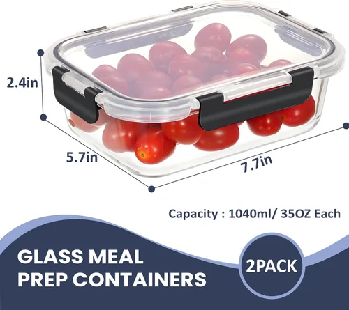 Vista 2 de HOTEC Recipiente de vidrio de almacenamiento de alimentos de 35 onzas, recipientes herméticos de vidrio para almuerzo y frutas con tapas, apto