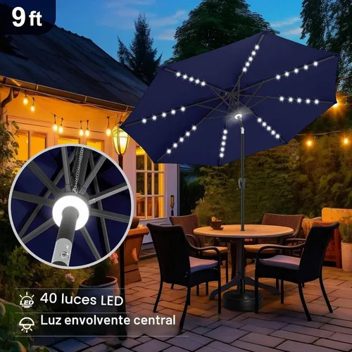 Vista 4 de FLAME&SHADE Sombrilla de exterior de 9 pies con 40 luces LED, sombrilla de patio con luz solar y luz envolvente central, sombrilla de mercado