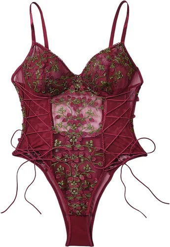 Vista 7 de Lilosy Teddy de Lencería Sexy para Mujer con Cordones y Bordado Floral, Body Top de Malla Transparente de Una Pieza Verde militar