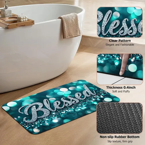 Vista 4 de Tapete de baño antideslizante, decoración de baño con purpurina bendita, tapete de baño plateado de diatomeas de secado rápido, absorbente, alfombra