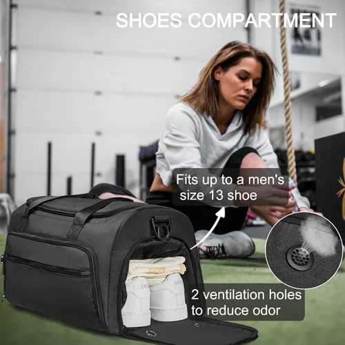Vista 9 de Bolsa de gimnasio para hombres y mujeres, pequeña bolsa deportiva con bolsillo húmedo y compartimento para zapatos, bolsa de lona resistente al agua