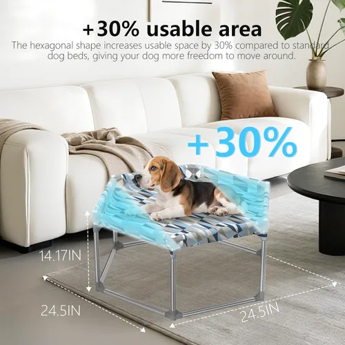 Vista 3 de Cama elevada para perros con barandilla completa, sofá cama elevada para perros, cama hexagonal para cachorros, cuna refrescante para mascotas al
