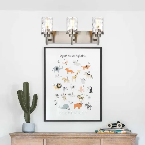 Vista 5 de Lámparas de tocador de baño, 3 luces, luces de tocador de baño de níquel cepillado con pantalla martillada transparente, iluminación moderna de baño