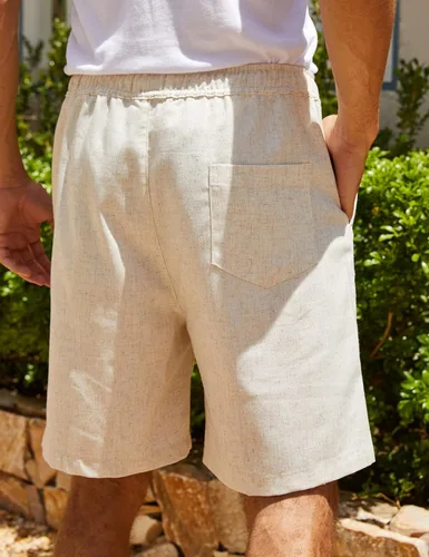 Vista 4 de COOFANDY - Pantalones cortos de lino para hombre, informales, de playa, veraniegos, con cordón y cintura elástica