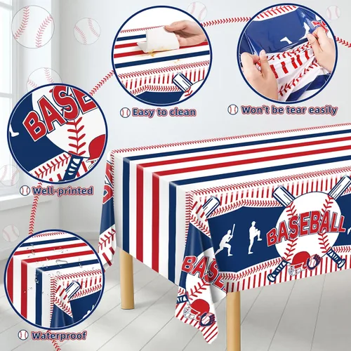 Vista 4 de Miucat Mantel de béisbol de 3 piezas, mantel de mesa y decoración de fiesta, mantel de plástico desechable, rectangular para juegos de béisbol