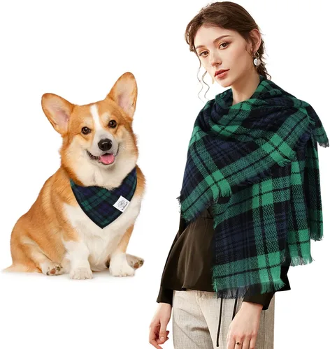 Vista 11 de E-Clover Bandanas navideñas para perros, bufanda a juego para el propietario, bufanda a cuadros para perro, baberos con bufandas de tartán, chal