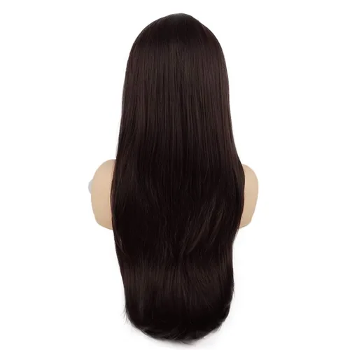 Vista 4 de Peluca de cabello liso largo de 24 pulgadas, castaño oscuro, densidad pesada, realista, resistente al calor, sintético con encaje frontal