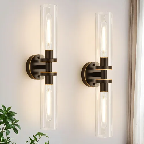 Vista 15 de Indoi Apliques de pared de níquel cepillado, apliques de baño cableados con vidrio transparente, modernos accesorios de tocador de baño para espejo