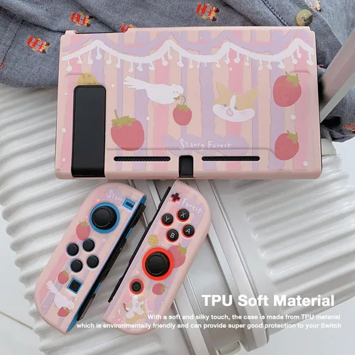 Vista 5 de Starry Forest Lindas fundas protectoras para Nintendo Switch con fundas joycon Stick, color rosa, funda femenina Kawaii para Switch, Strawberry