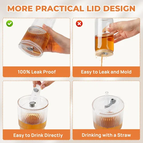 Vista 3 de Paquete de 2 tazas de vidrio de 20 onzas con tapas y pajitas, tazas de café helado, cristalería acanalada vintage para cerveza, café helado, jugo