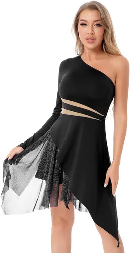 Vista 2 de JEATHA Vestido de baile latino asimétrico de manga larga para mujer, con un solo hombro