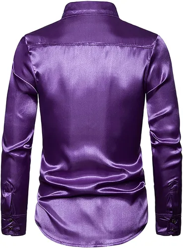Vista 4 de Camisa de vestir con lentejuelas para hombre, camisas brillantes con botones para fiesta de discoteca de los años 70, camisas metálicas brillantes