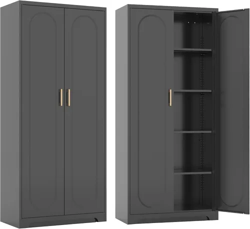Vista 20 de SteeLoong - Armario de despensa de cocina, armario de almacenamiento de metal negro de 71" con puertas y 4 estantes ajustables, gabinete de cocina