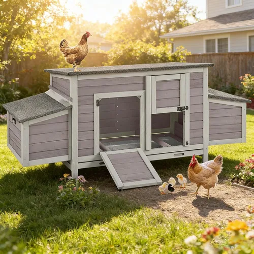 Vista 10 de Aivituvin Gallinero para 4-6 pollos/patos, gallinero de madera para exteriores, jaula grande para gallineros con dos cajas anidables (gris, AIR45)
