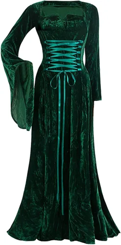 Vista 2 de SHOPESSA Disfraz de Halloween para mujer, vestido medieval de terciopelo, manga acampanada, longitud hasta el suelo, vestido renacentista del siglo