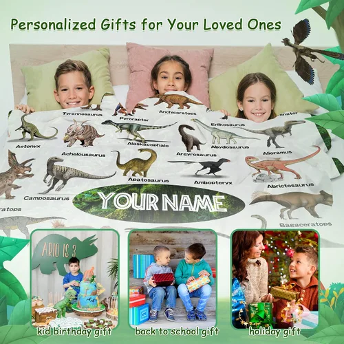 Vista 6 de Manta personalizada de dinosaurio para niños, mantas de regalo de dinosaurios jurásicos para niños, manta personalizada con nombre, manta