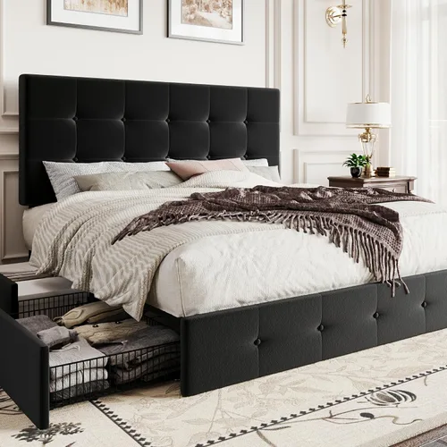 Vista 29 de SHA CERLIN Base de cama de plataforma tamaño matrimonial tapizada con 4 cajones de almacenamiento, cabecero ajustable con diseño cosido en cuadrados