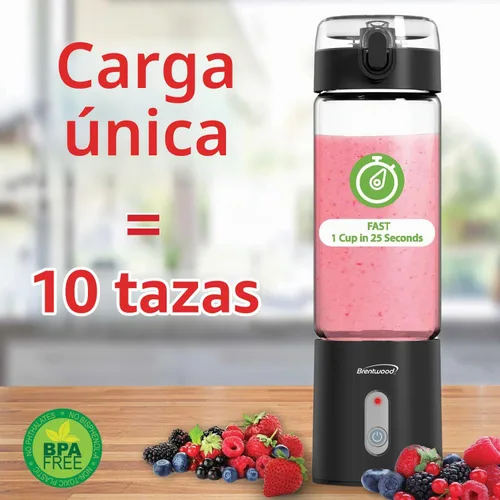 Vista 3 de Brentwood Licuadora portátil de vidrio cargable por USB con batería de 50 vatios y 17 onzas (negro)