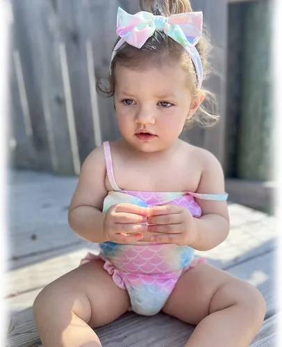 Vista 3 de Traje de baño de sirena para bebé niña, conjunto de bikini con diadema