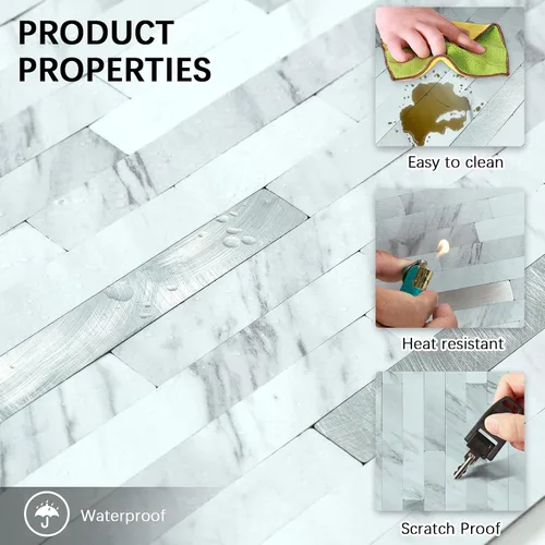 Vista 7 de Midcard 10 hojas de azulejos de pared adhesivo PVC para salpicaduras de cocina Mármol Blanco Rectangular con Plata Metálica