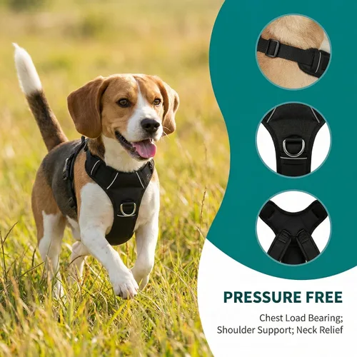 Vista 4 de Arnés sin tirones para perro, con 2 clips para correa, chaleco Oxford reflectante ajustable para mascotas con asa de fácil control para perros Negro
