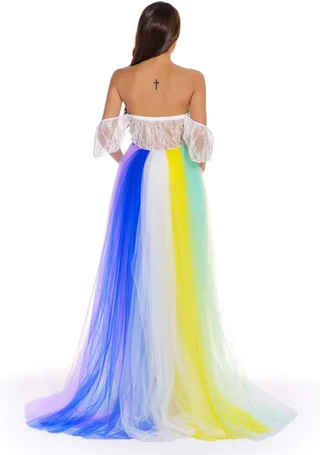 Vista 6 de ZIUMUDY Vestido de tul de maternidad arcoíris para sesión de fotos, vestido de tutú de maternidad, vestido de baby shower, vestido de dama de honor