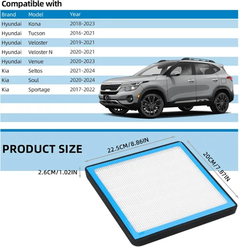 Vista 5 de 1 filtro de aire de cabina HEPA CF12160 de repuesto compatible con Hyundai Kona 2018-2023, Tucson 2016-2021, Veloster (N) 2019-2021, Venue
