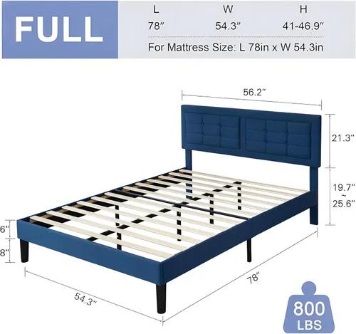 Vista 2 de VECELO Base de cama tamaño matrimonial, cabecera tapizada ajustable con botones, marco de cama resistente con soporte de listones de madera,