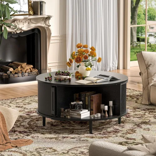 Vista 5 de Round Coffee Table, 31.5" Fluted Center Table with Storage, Lift-Top Coffee Table with Adjustable Footpads, Sliding Door, Mid-Century Modern Center