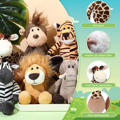 Vista 3 de HyDren Juego de 12 animales de peluche de safari de 8 pulgadas, animales de la selva, para niños y niñas, animales del bosque de felpa, león