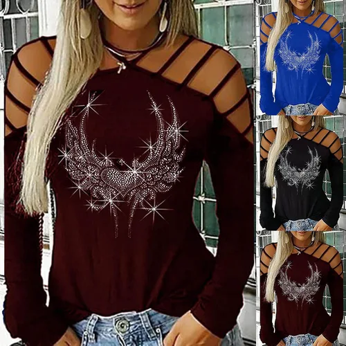 Vista 4 de Camisetas de manga larga con tirantes y hombros descubiertos para mujer, sexy, con diseño de alas de ángel, con diamantes de imitación, estilo casual