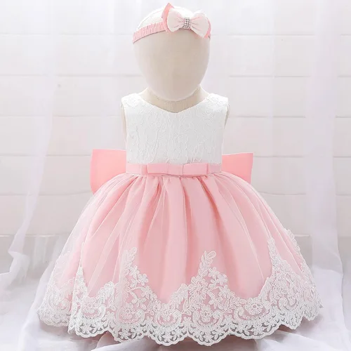 Vista 2 de Vestido de novia de princesa de tul para niña de 0 a 24 meses, con lazo, bordado de encaje