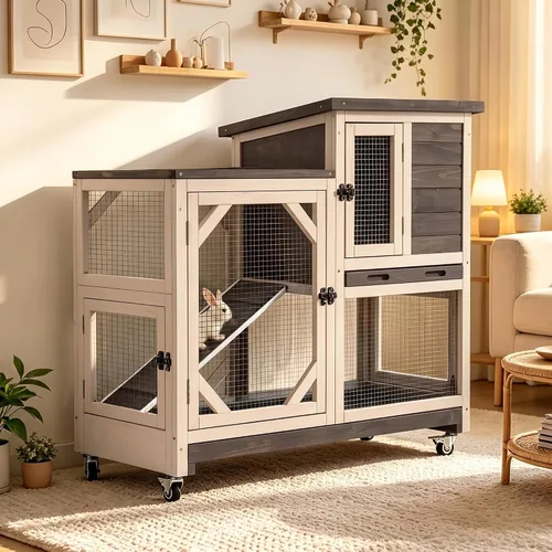 Vista 11 de Aivituvin Jaula para Conejos Interior y Exterior Conejera con Ruedas, Jaulas de Madera de 2 Pisos para Cobayas con 2 Bandejas Extraíbles Más Negro