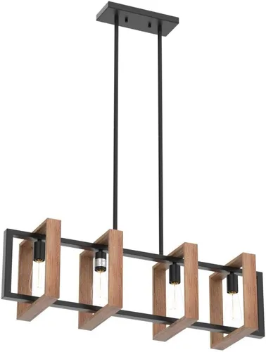 Vista 4 de Lámpara colgante de comedor de granja, para isla de cocina, rústica, 4 luces, madera y metal negro, lámpara rectangular para colgar en el techo