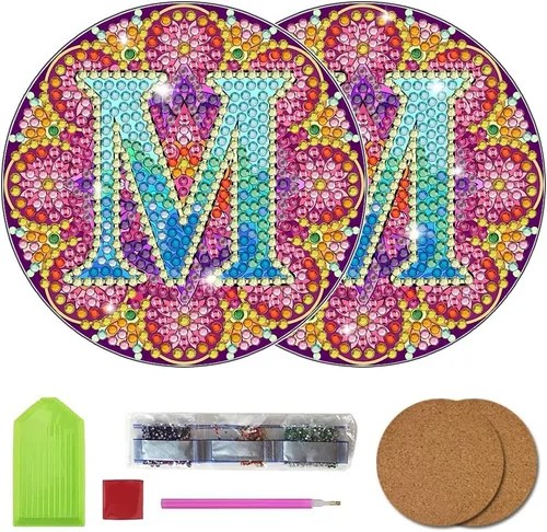 Vista 16 de Bysincy Juego de 2 posavasos de pintura de diamantes de 26 letras A-Z, 5D, arte de diamante, mosaico, alfabeto, kit por número para adultos y niños