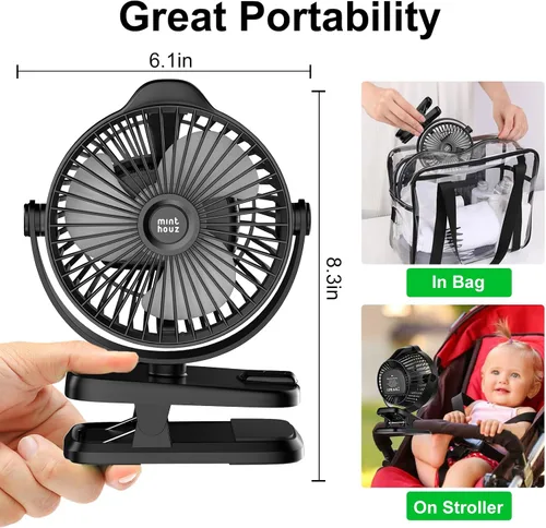 Vista 8 de Minthouz Ventilador de clip – Ventilador pequeño recargable USB C de 8000 mAh con indicador de nivel de batería, rotación de 720° de bajo ruido