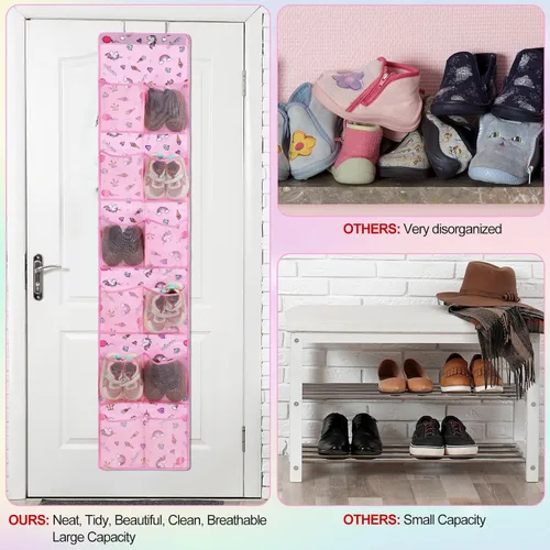Vista 4 de Windyun Organizador de zapatos para niños sobre la puerta, 24 bolsillos, organizador de botellas de agua de unicornio para bebé, estante colgante