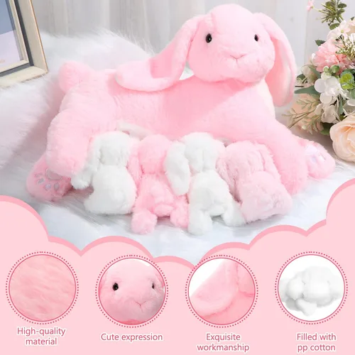 Vista 3 de Libima 5 juguetes de peluche de conejo de enfermería, color rosa de 15 pulgadas, suave, con 4 conejos magnéticos para bebé, conejito de peluche