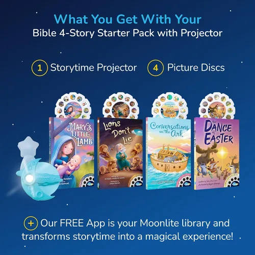Vista 7 de Colección de historias bíblicas de Moonlite para niños (paquete de 4), Danza de Pascua, Los leones no mienten, La pequeña oveja de María
