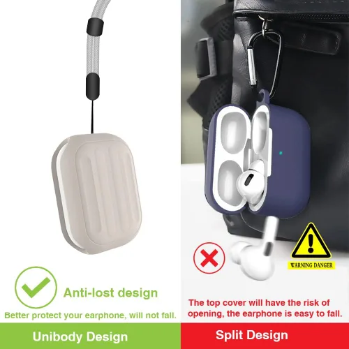 Vista 2 de Funda antipérdida para AirPods Pro (2ª generación), diseño de una pieza, carga inalámbrica, LED visible, cordón incluido (beige)