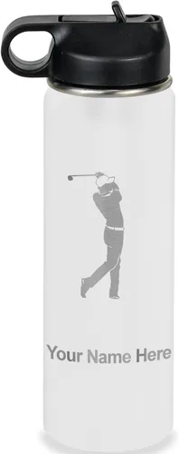 Vista 72 de LaserGram Botella de agua personalizada, golfista de golf, acero inoxidable de doble pared aislada al vacío con popote superior, regalo grabado Negro