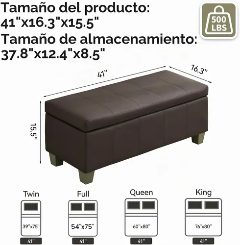 Vista 2 de WUTUTUEE Otomana de almacenamiento de piel sintética de 41 pulgadas, rectangular tapizada con puntadas, banco de almacenamiento para el extremo