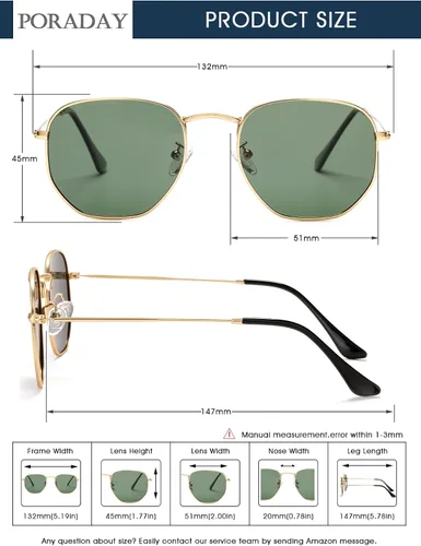 Vista 7 de PORADAY Lentes de sol polarizados hexagonales para mujeres y hombres, vintage, cuadrados, de metal, lentes de sol geométricos