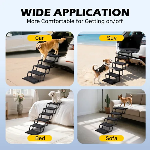 Vista 6 de Escaleras plegables para perros grandes, con superficie antideslizante, rampa ligera con capacidad para hasta 250 libras, 5 escalones