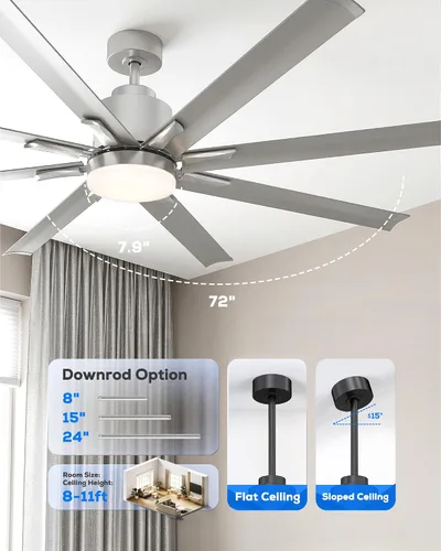Vista 8 de Ventilador de techo inteligente de 72 pulgadas con luz, ventilador de techo industrial de 8 aspas de níquel cepillado de metal de aluminio