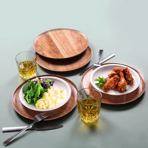 Vista 5 de Lightnpro - Platos redondos de madera de acacia, platos para aperitivos, mesa central, platos de servicio para ensalada, sándwiches, hamburguesas