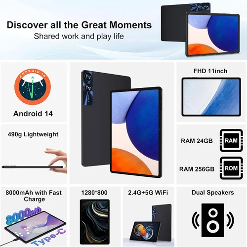 Vista 2 de Tablet Tabletas Android de 11 pulgadas, 24GB+256GB+2TB, tabletas con Octa Core, tabletas electrónicas con Widevine L1, batería de 8000mAh, cámara