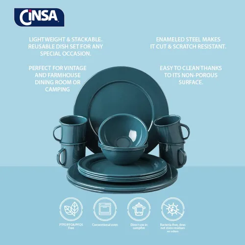 Vista 3 de Cinsa Juego de vajilla esmaltada de 16 piezas para 4. Incluye platos, cuencos, tazas, caldera de café