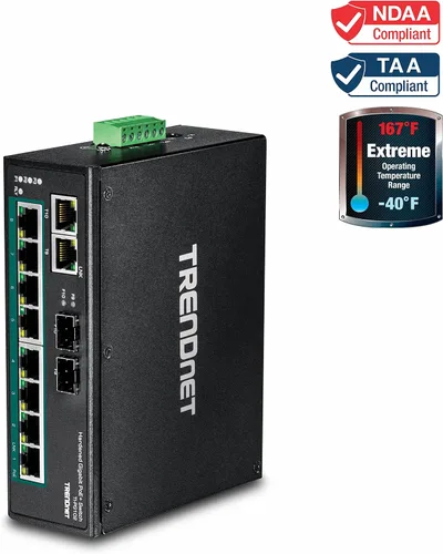 Vista 3 de TRENDnet Conmutador industrial Gigabit PoE+ de 10 puertos, 8 puertos Gigabit PoE+, Montaje en carril DIN, 2 ranuras SFP, Presupuesto de alimentación